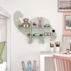 Kinder Wand Bücherregal mit 2 Ablage & 6 Offene Fächern Holz Dinosaurier Kinderregal