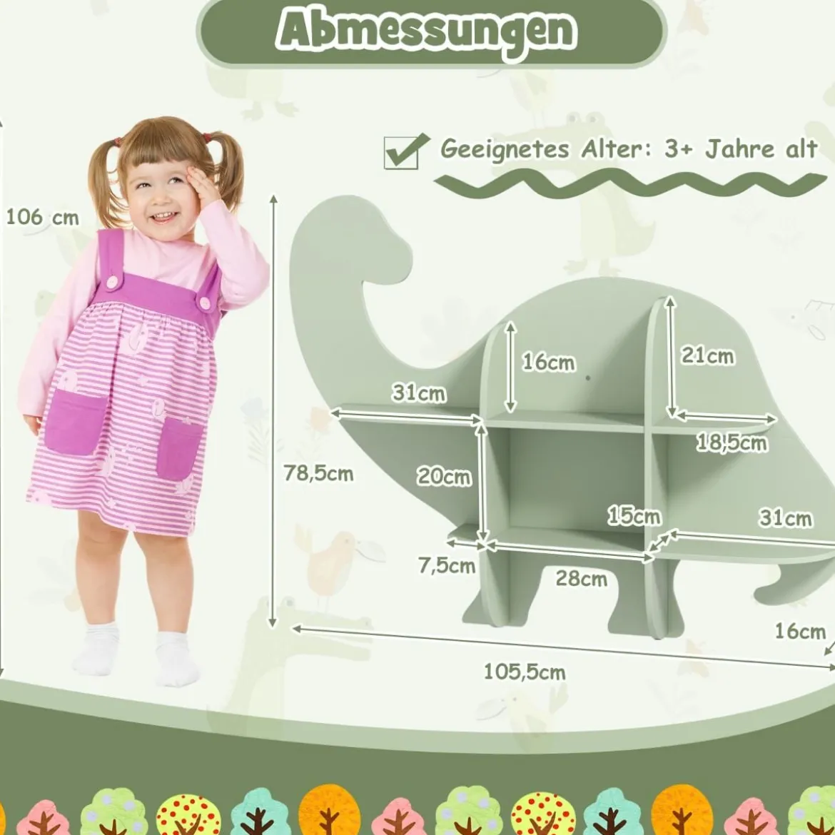 Kinder Wand Bücherregal mit 2 Ablage & 6 Offene Fächern Holz Dinosaurier Kinderregal