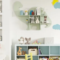 Kinder Wand Bücherregal mit 2 Ablage & 6 Offene Fächern Holz Dinosaurier Kinderregal