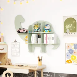 Kinder Wand Bücherregal mit 2 Ablage & 6 Offene Fächern Holz Dinosaurier Kinderregal