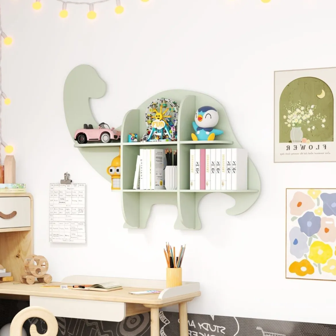 Kinder Wand Bücherregal mit 2 Ablage & 6 Offene Fächern Holz Dinosaurier Kinderregal