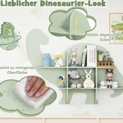 Kinder Wand Bücherregal mit 2 Ablage & 6 Offene Fächern Holz Dinosaurier Kinderregal