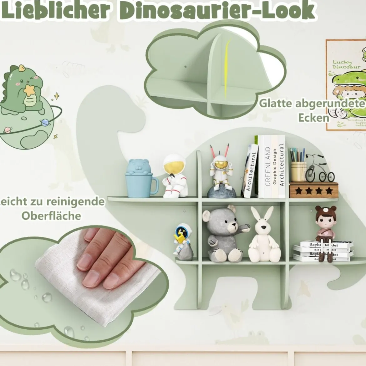 Kinder Wand Bücherregal mit 2 Ablage & 6 Offene Fächern Holz Dinosaurier Kinderregal