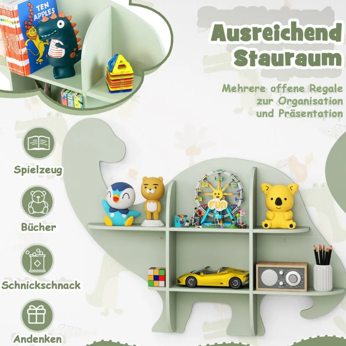 Kinder Wand Bücherregal mit 2 Ablage & 6 Offene Fächern Holz Dinosaurier Kinderregal