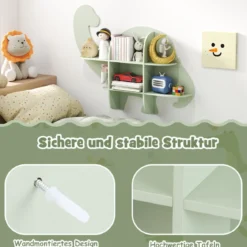Kinder Wand Bücherregal mit 2 Ablage & 6 Offene Fächern Holz Dinosaurier Kinderregal