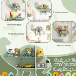 Kinder Wand Bücherregal mit 2 Ablage & 6 Offene Fächern Holz Dinosaurier Kinderregal