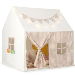Kinderzelt für Drinnen Kinder Spielhaus mit Matte & Lichtern 125 x 100 x 127 cm Beige