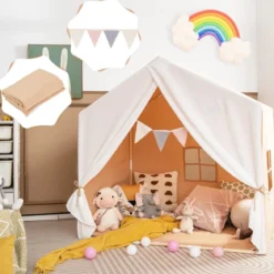 Kinderzelt mit waschbarer Baumwollmatte & Flaggenbanner Spielzelt mit Fenstern 131 x 91 x 131 cm Hellbraun