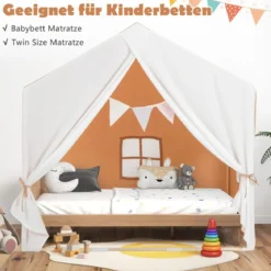 Kinderzelt mit waschbarer Baumwollmatte & Flaggenbanner Spielzelt mit Fenstern 131 x 91 x 131 cm Hellbraun