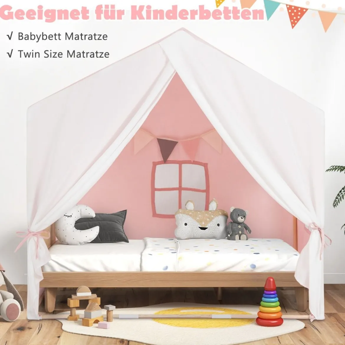 Kinderzelt mit waschbarer Baumwollmatte & Flaggenbanner Spielzelt mit Fenstern 131 x 91 x 131 cm Rosa