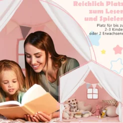 Kinderzelt mit waschbarer Baumwollmatte & Flaggenbanner Spielzelt mit Fenstern 131 x 91 x 131 cm Rosa