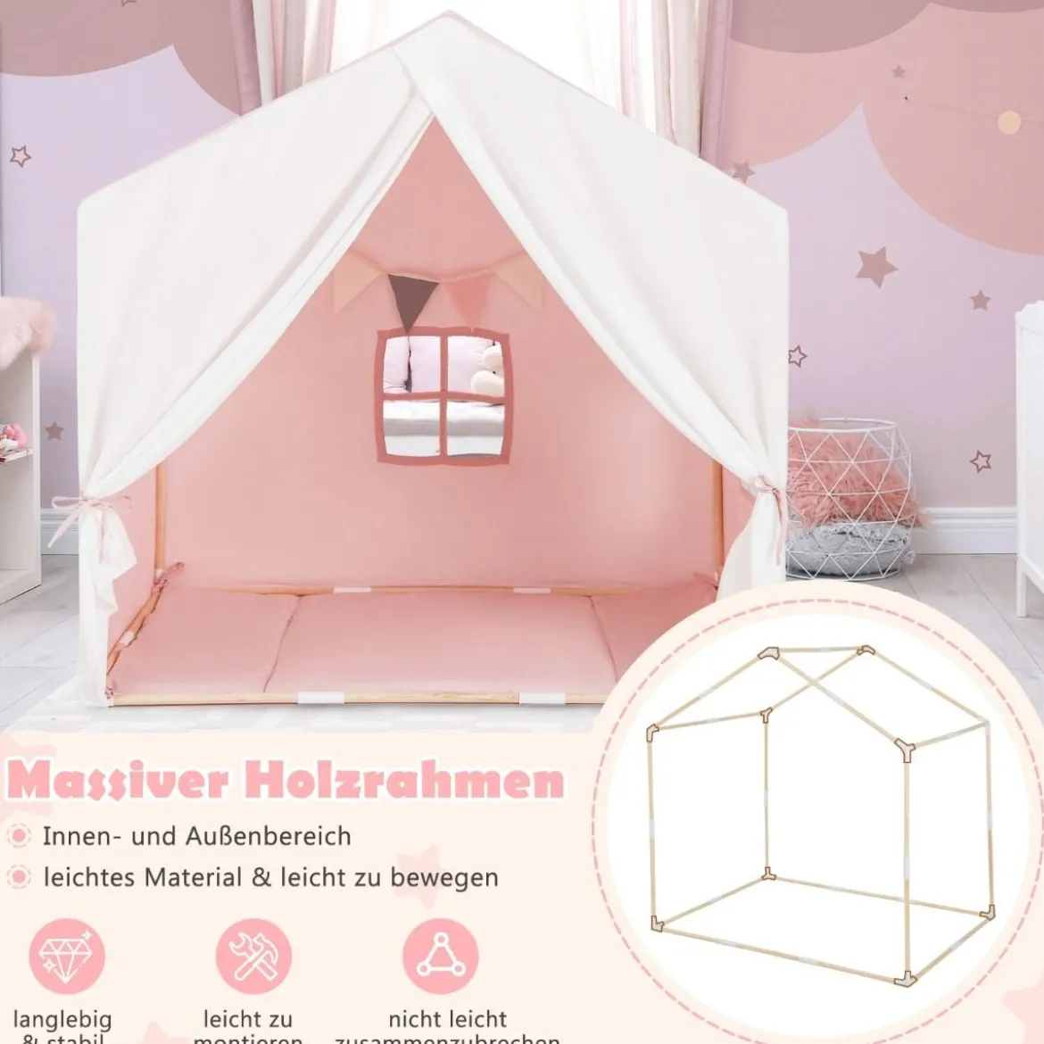 Kinderzelt mit waschbarer Baumwollmatte & Flaggenbanner Spielzelt mit Fenstern 131 x 91 x 131 cm Rosa