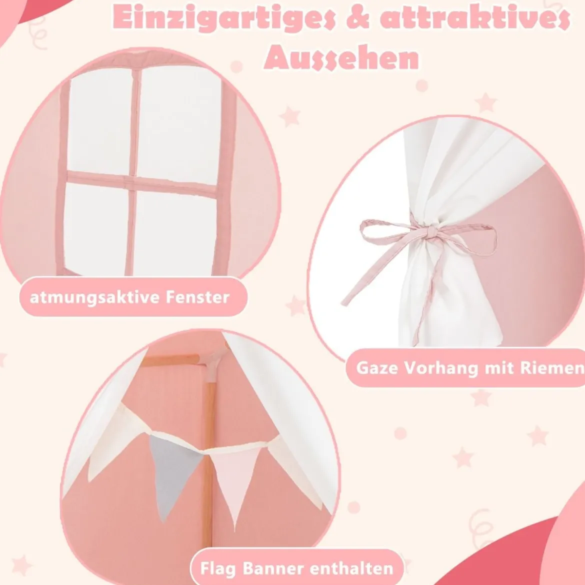 Kinderzelt mit waschbarer Baumwollmatte & Flaggenbanner Spielzelt mit Fenstern 131 x 91 x 131 cm Rosa