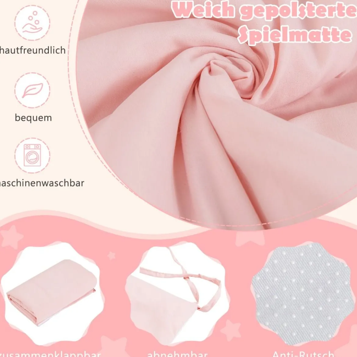 Kinderzelt mit waschbarer Baumwollmatte & Flaggenbanner Spielzelt mit Fenstern 131 x 91 x 131 cm Rosa