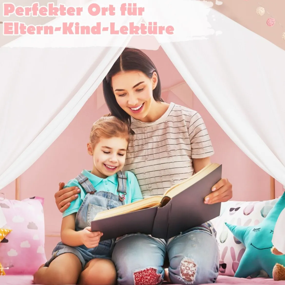 Kinderzelt mit waschbarer Baumwollmatte & Flaggenbanner Spielzelt mit Fenstern 131 x 91 x 131 cm Rosa