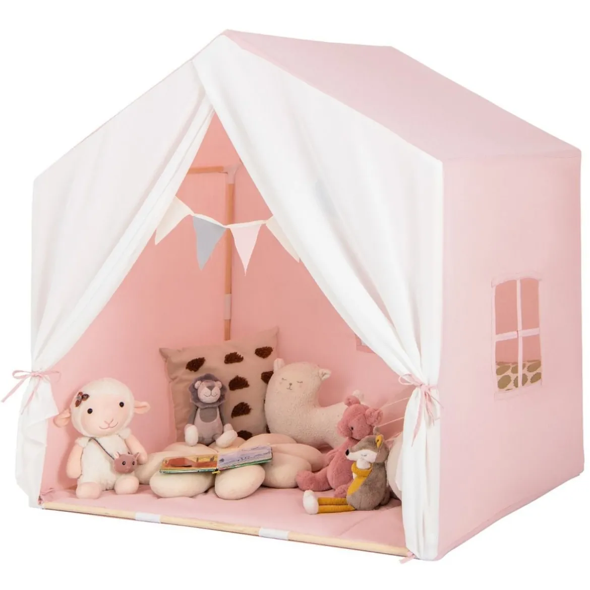 Kinderzelt mit waschbarer Baumwollmatte & Flaggenbanner Spielzelt mit Fenstern 131 x 91 x 131 cm Rosa