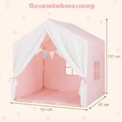 Kinderzelt mit waschbarer Baumwollmatte & Flaggenbanner Spielzelt mit Fenstern 131 x 91 x 131 cm Rosa