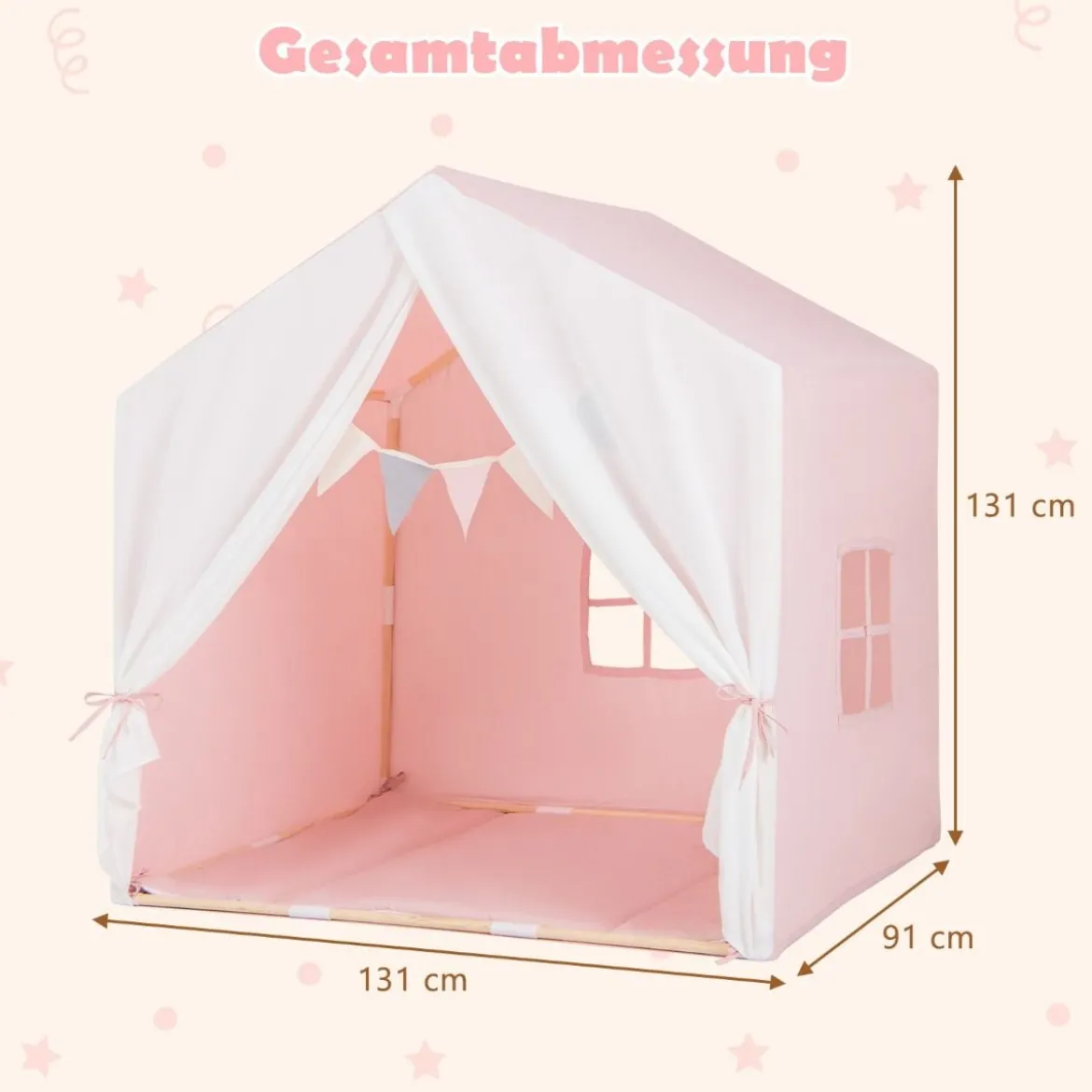 Kinderzelt mit waschbarer Baumwollmatte & Flaggenbanner Spielzelt mit Fenstern 131 x 91 x 131 cm Rosa