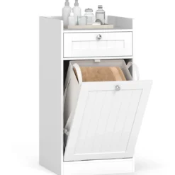 Kippbarer Wäscheschrank freistehender Badezimmerschrank mit Regal Schublade Weiß