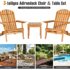 Klappbare Adirondack Stühle mit Tisch 2er Set Adirondack Chairs aus Eukalyptusholz Natürlich