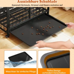 Klappbare Hundehütte mit Ausnehmbarem Tablett & Rollen & Abschließbarer Tür 2 in 1 Beistelltisch Hundebox