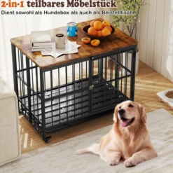 Klappbare Hundehütte mit Ausnehmbarem Tablett & Rollen & Abschließbarer Tür 2 in 1 Beistelltisch Hundebox