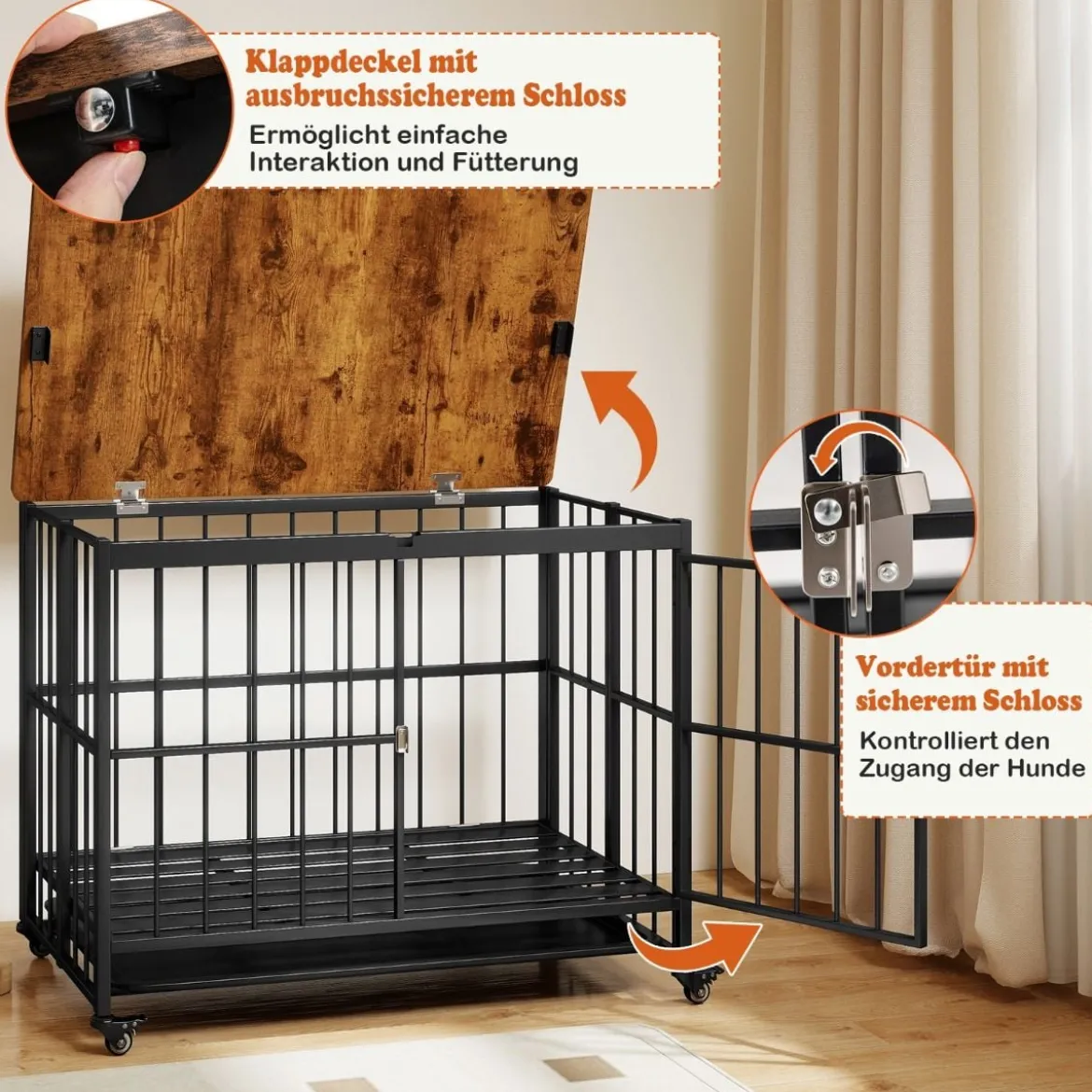 Klappbare Hundehütte mit Ausnehmbarem Tablett & Rollen & Abschließbarer Tür 2 in 1 Beistelltisch Hundebox