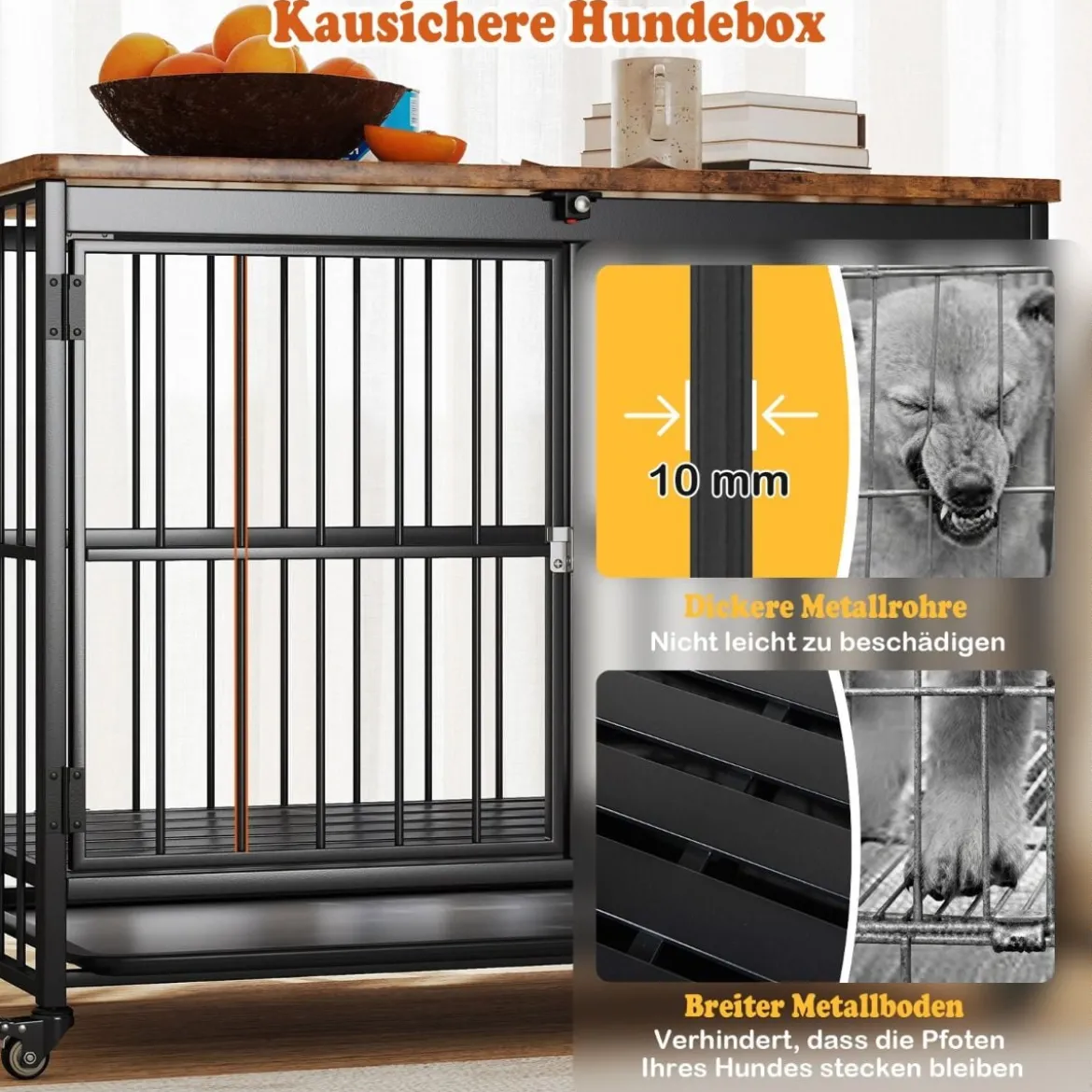 Klappbare Hundehütte mit Ausnehmbarem Tablett & Rollen & Abschließbarer Tür 2 in 1 Beistelltisch Hundebox