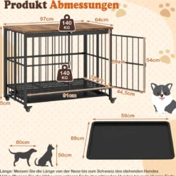 Klappbare Hundehütte mit Ausnehmbarem Tablett & Rollen & Abschließbarer Tür 2 in 1 Beistelltisch Hundebox