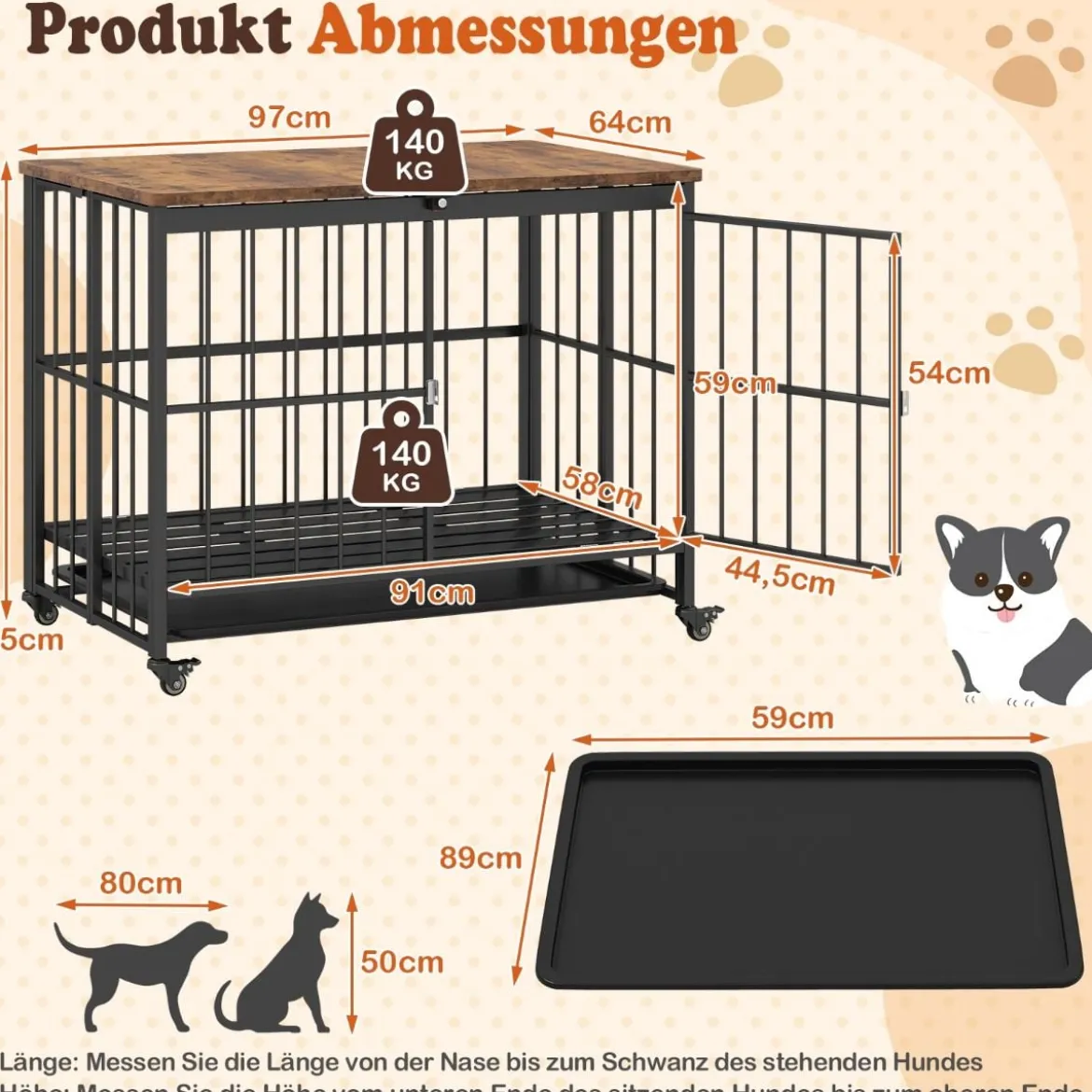 Klappbare Hundehütte mit Ausnehmbarem Tablett & Rollen & Abschließbarer Tür 2 in 1 Beistelltisch Hundebox