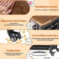 Klappbare Hundehütte mit Ausnehmbarem Tablett & Rollen & Abschließbarer Tür 2 in 1 Beistelltisch Hundebox