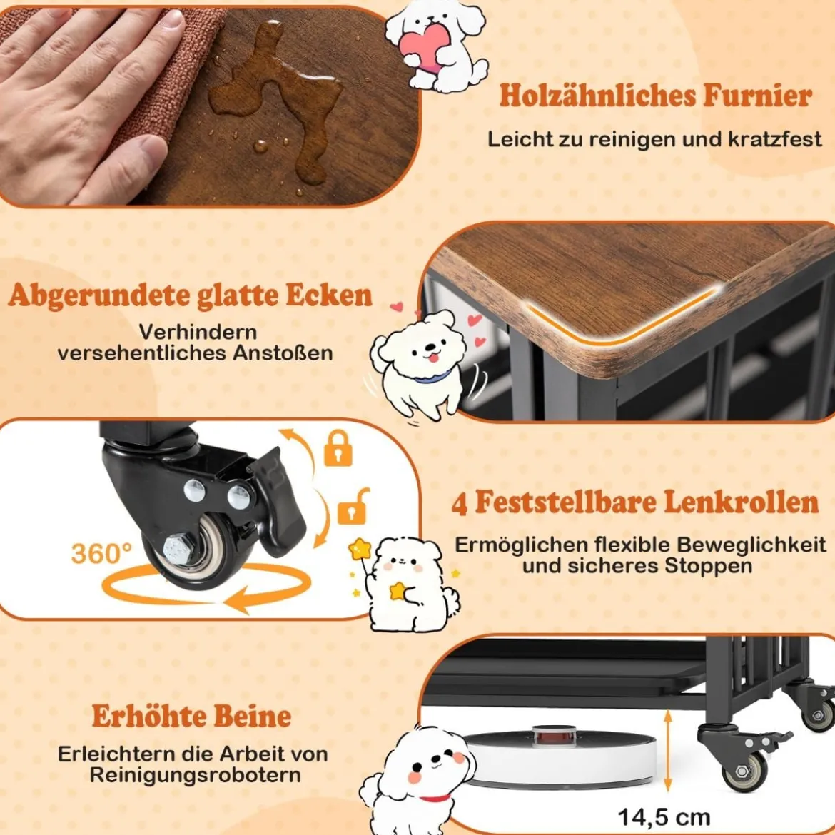 Klappbare Hundehütte mit Ausnehmbarem Tablett & Rollen & Abschließbarer Tür 2 in 1 Beistelltisch Hundebox