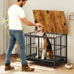 Klappbare Hundehütte mit Ausnehmbarem Tablett & Rollen & Abschließbarer Tür 2 in 1 Beistelltisch Hundebox