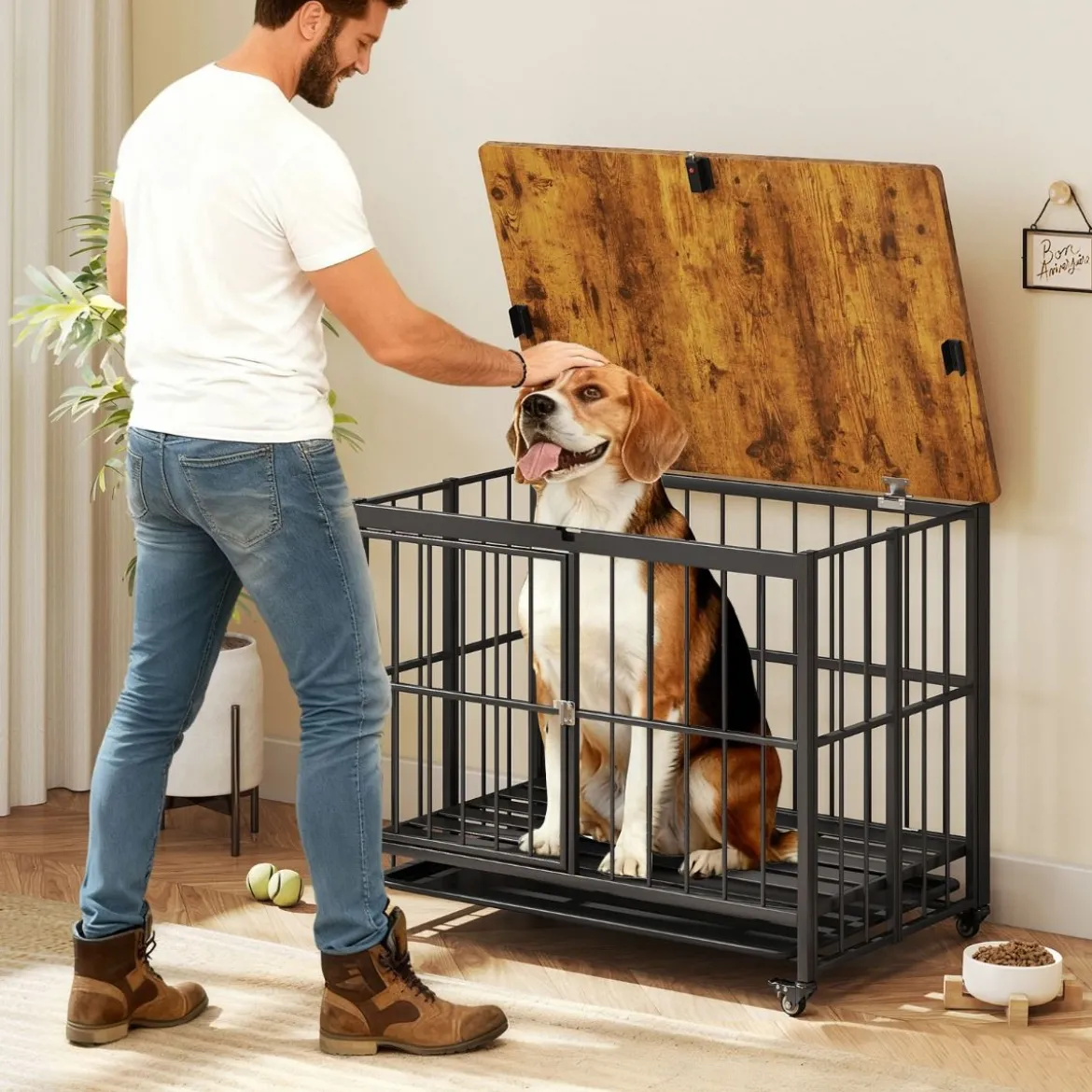 Klappbare Hundehütte mit Ausnehmbarem Tablett & Rollen & Abschließbarer Tür 2 in 1 Beistelltisch Hundebox