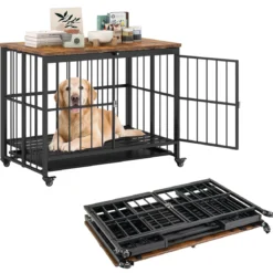 Klappbare Hundehütte mit Ausnehmbarem Tablett & Rollen & Abschließbarer Tür 2 in 1 Beistelltisch Hundebox