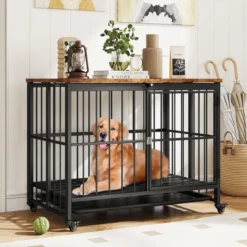Klappbare Hundehütte mit Ausnehmbarem Tablett & Rollen & Abschließbarer Tür 2 in 1 Beistelltisch Hundebox