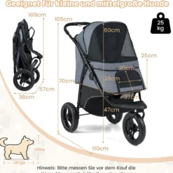 Klappbare Hundewagen bis 25 kg mit Verstellbarem Sonnendach 3 Rad Hundebuggy Grau