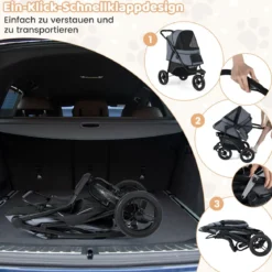 Klappbare Hundewagen bis 25 kg mit Verstellbarem Sonnendach 3 Rad Hundebuggy Grau