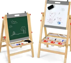 Klappbare 3 in 1 Kindertafel höhenverstellbare Holztafel 50,5 x 53,5 x 79-104 cm Natur + Grau