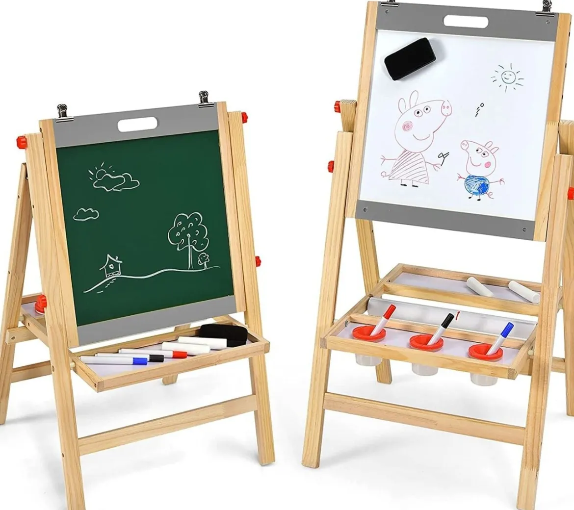 Klappbare 3 in 1 Kindertafel höhenverstellbare Holztafel 50,5 x 53,5 x 79-104 cm Natur + Grau