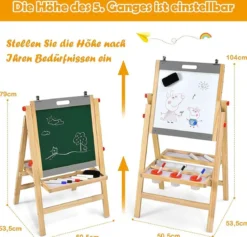 Klappbare 3 in 1 Kindertafel höhenverstellbare Holztafel 50,5 x 53,5 x 79-104 cm Natur + Grau