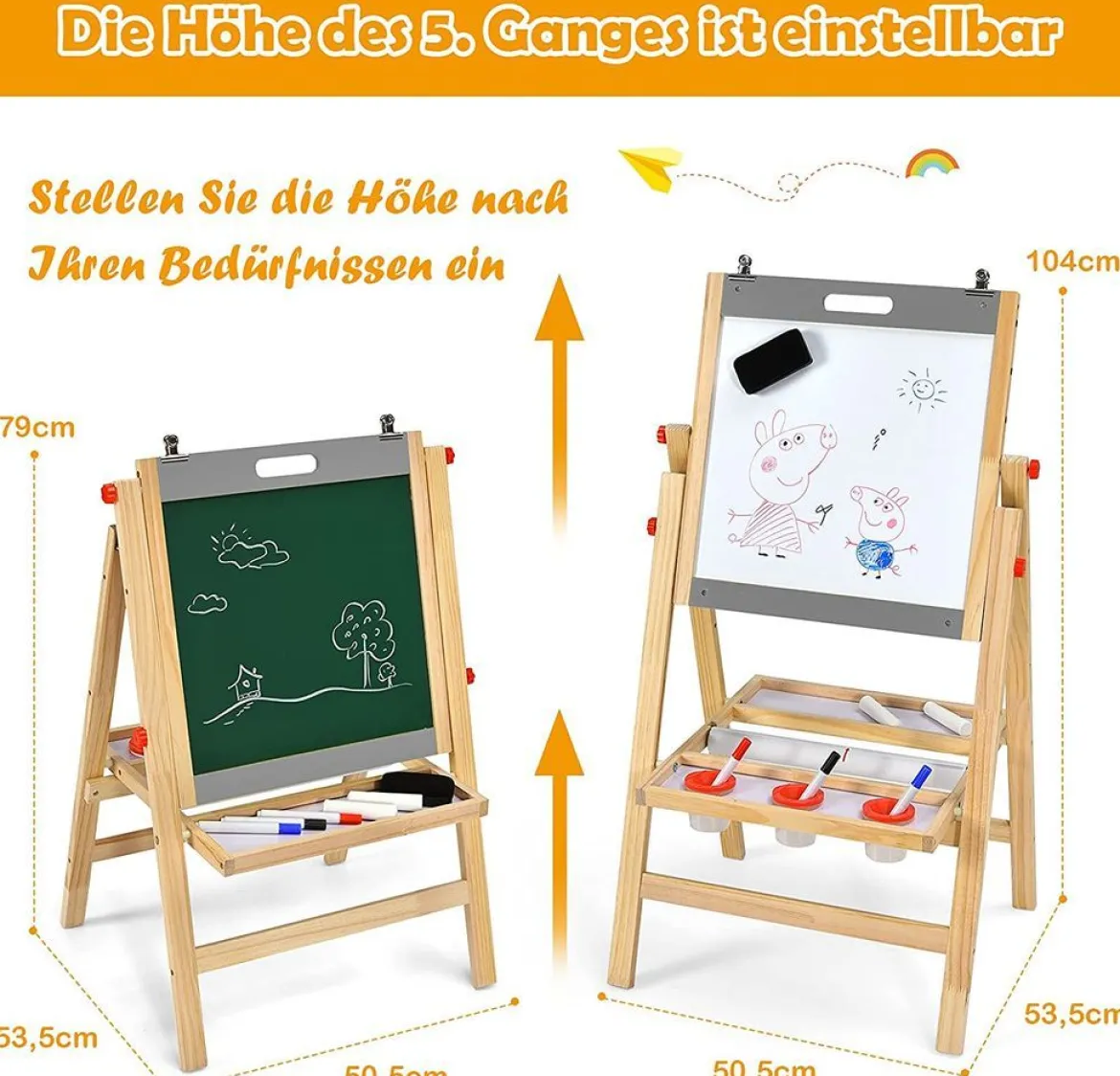 Klappbare 3 in 1 Kindertafel höhenverstellbare Holztafel 50,5 x 53,5 x 79-104 cm Natur + Grau