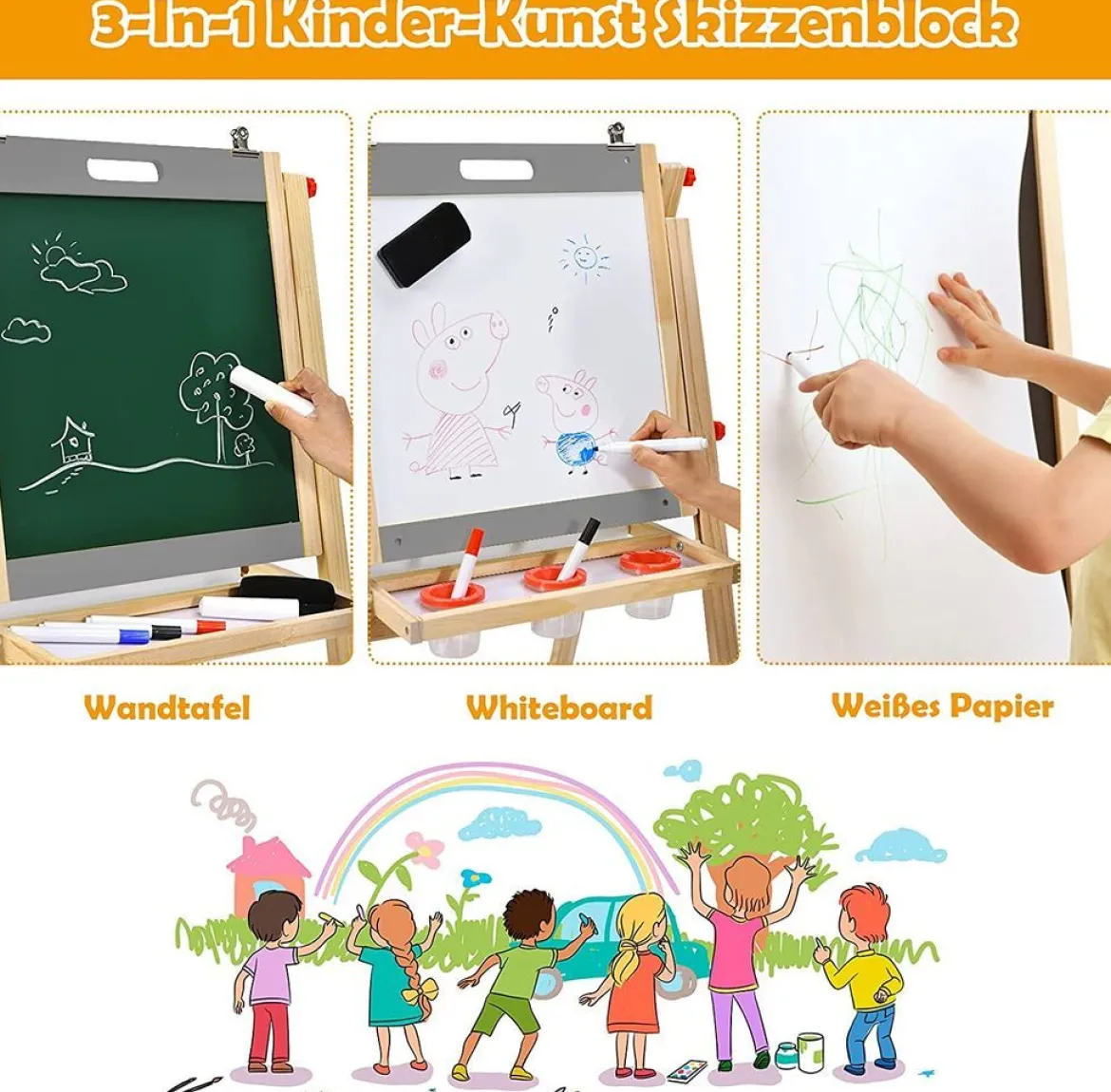 Klappbare 3 in 1 Kindertafel höhenverstellbare Holztafel 50,5 x 53,5 x 79-104 cm Natur + Grau