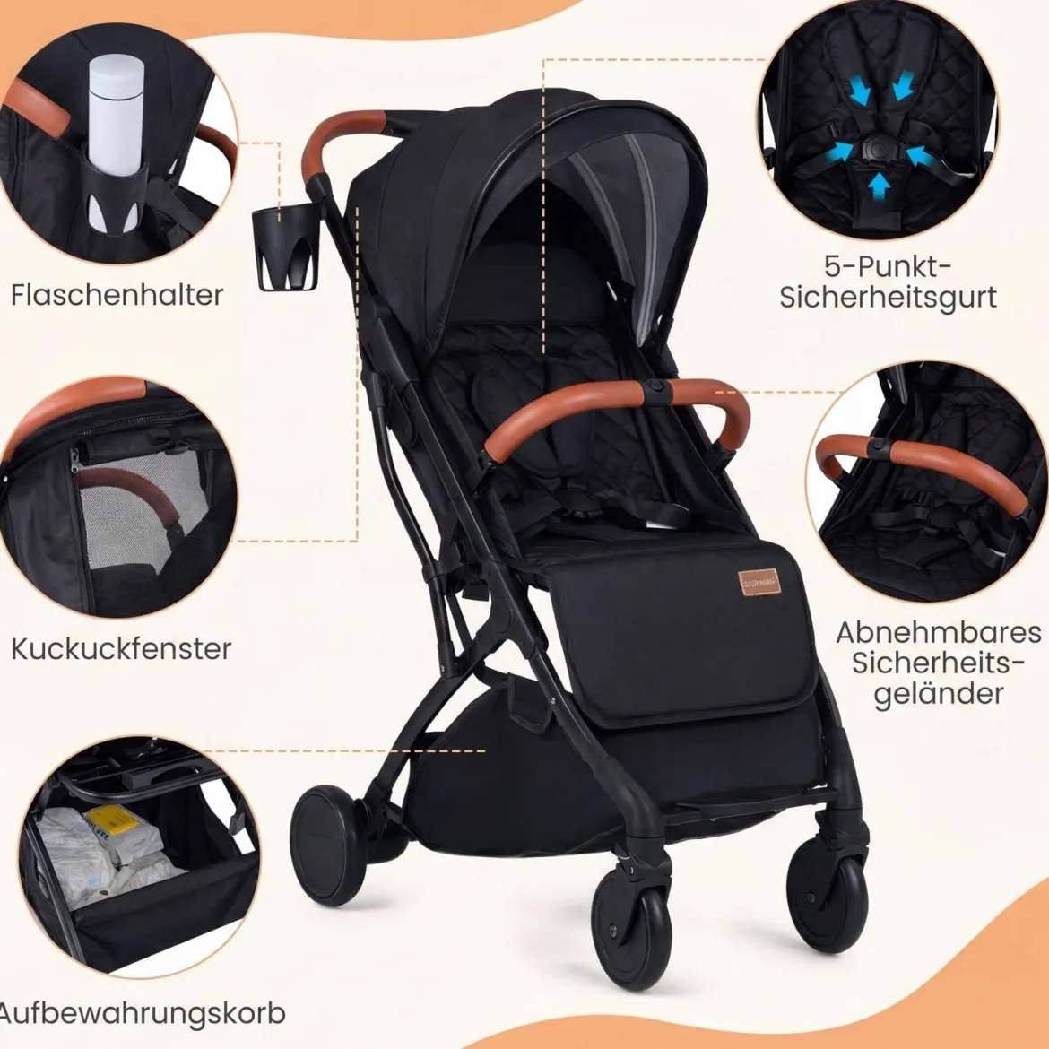 Klappbare Kinderwagen mit Regenschutz & Verstellbarem Rückenlehne & Verdeck Reisebuggy Schwarz