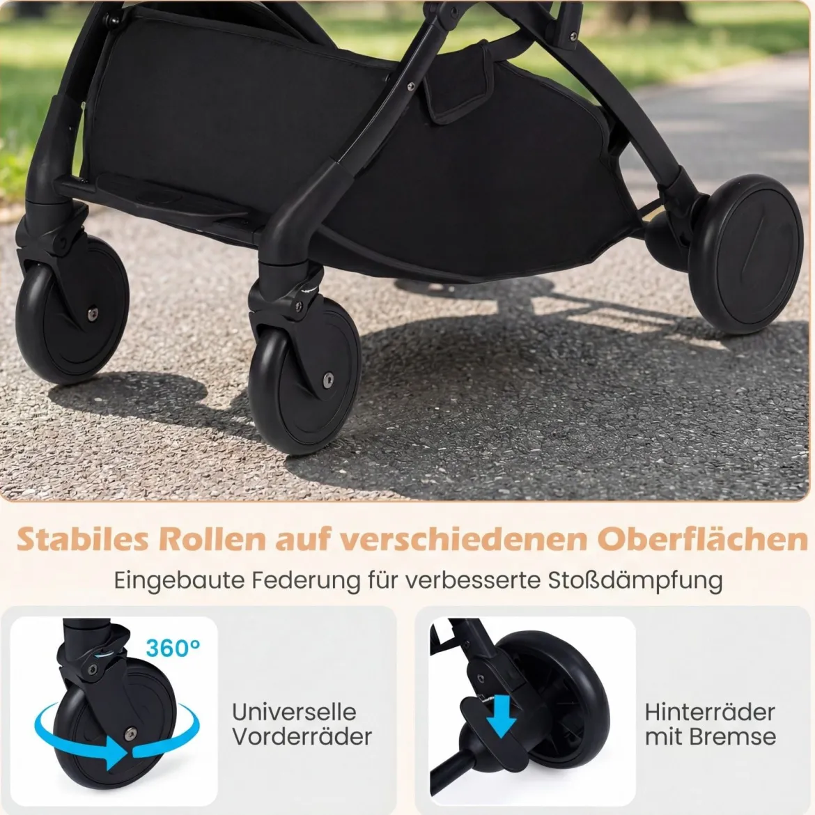 Klappbare Kinderwagen mit Regenschutz & Verstellbarem Rückenlehne & Verdeck Reisebuggy Schwarz