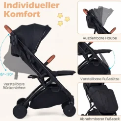 Klappbare Kinderwagen mit Regenschutz & Verstellbarem Rückenlehne & Verdeck Reisebuggy Schwarz