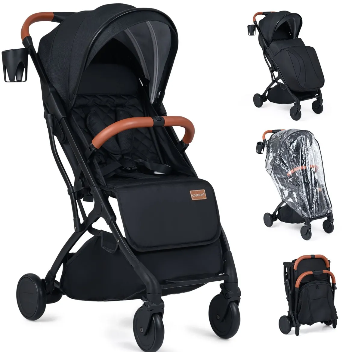 Klappbare Kinderwagen mit Regenschutz & Verstellbarem Rückenlehne & Verdeck Reisebuggy Schwarz