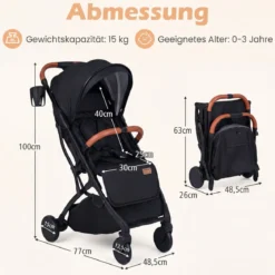 Klappbare Kinderwagen mit Regenschutz & Verstellbarem Rückenlehne & Verdeck Reisebuggy Schwarz