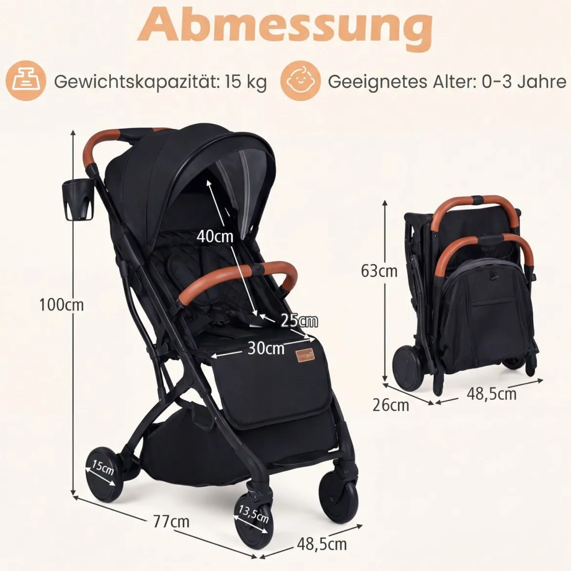 Klappbare Kinderwagen mit Regenschutz & Verstellbarem Rückenlehne & Verdeck Reisebuggy Schwarz