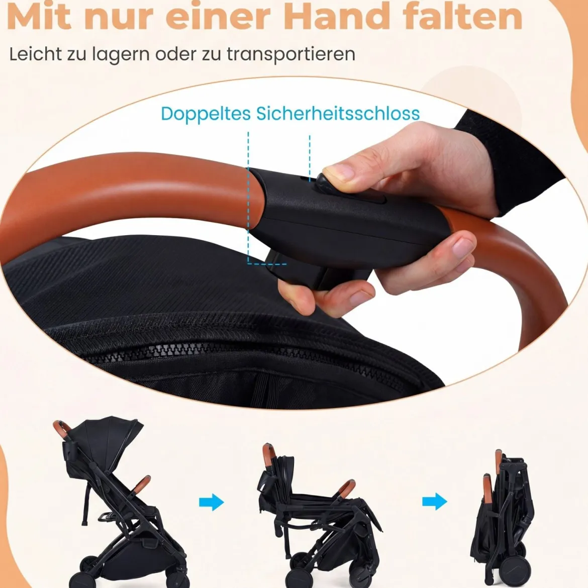 Klappbare Kinderwagen mit Regenschutz & Verstellbarem Rückenlehne & Verdeck Reisebuggy Schwarz